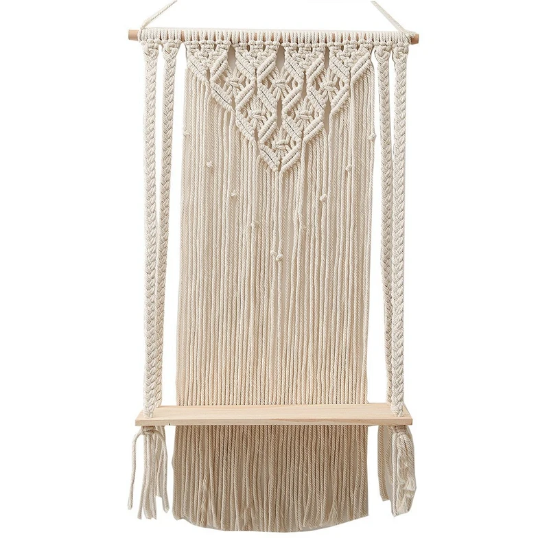 

Wall Hanging Shelf Boho Cotton Rope Woven Tapestry Plant Hanger Wood Floating Shelf Wall Decor