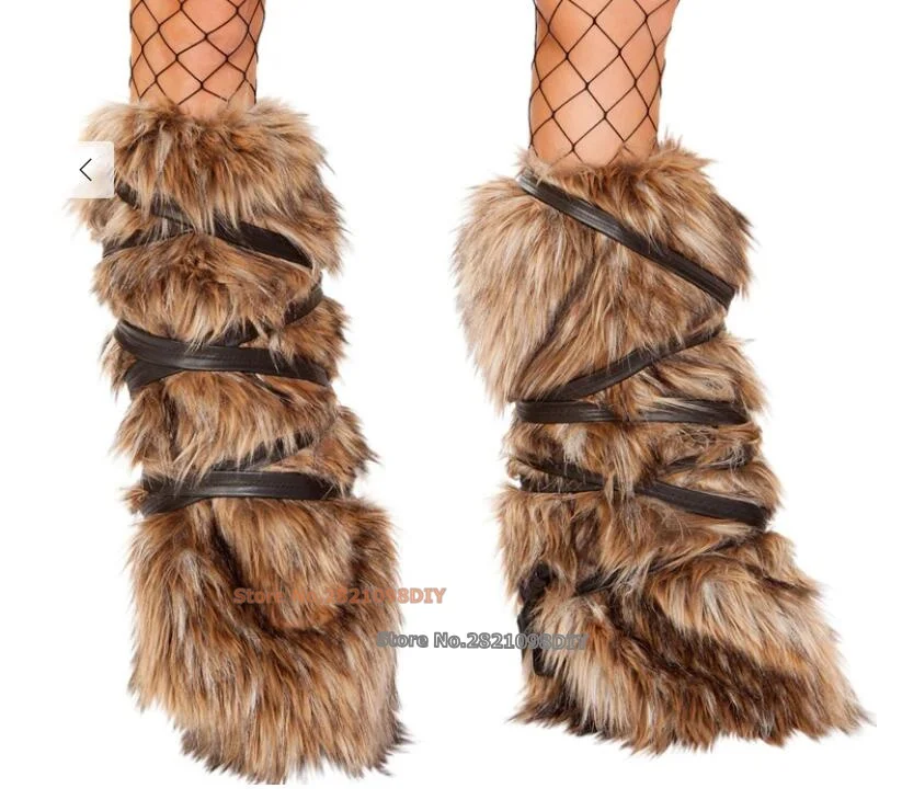 

Viking Leg Warmers Fur Mid Calf Boots Women Wrap Straps Lace Up Pull On Fit Platform Wedge Booties Winter Shoes