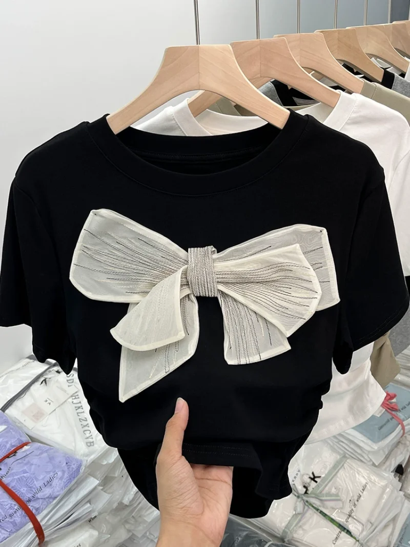 

Милые милые шикарные футболки Kawaii с круглым вырезом и коротким рукавом летние корейские модные топы для снижения возраста дизайнерские женские футболки с бантом