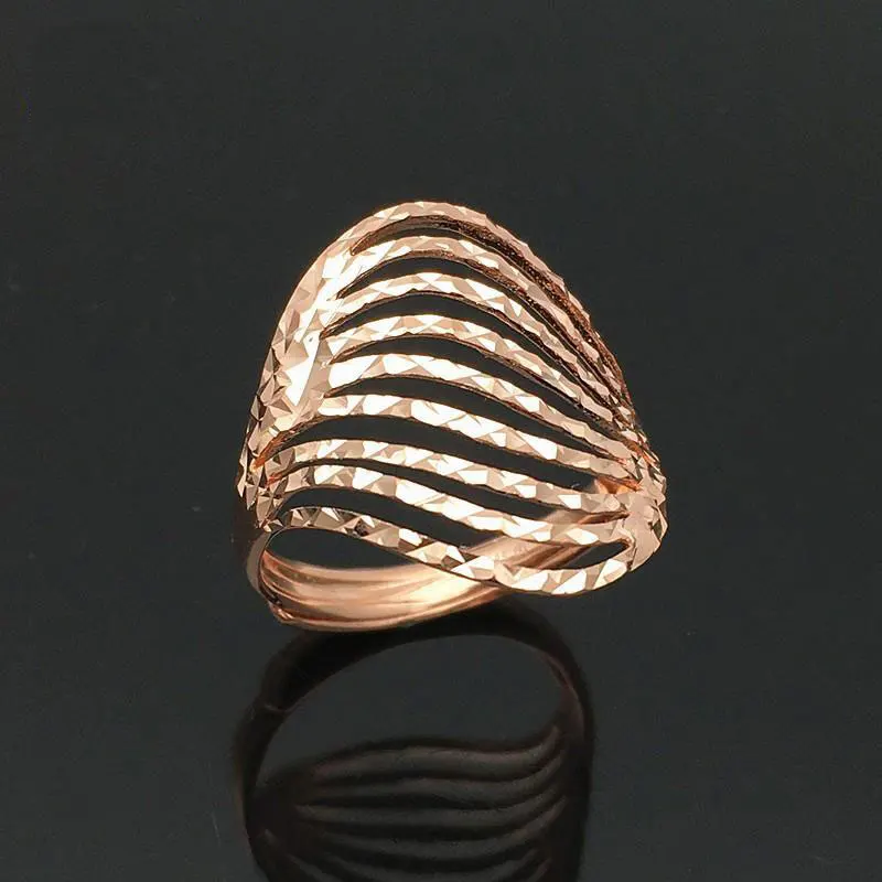 

Russia 585 Purple Gold Ring 14K Gold Plated Rose Gold Carven Design Hollow Open-End Wide Face Ring