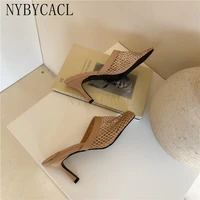 2022 new hollow breathable mesh woman thin high heels slippers summer vintage square toe mules femme shoes pumps sandals