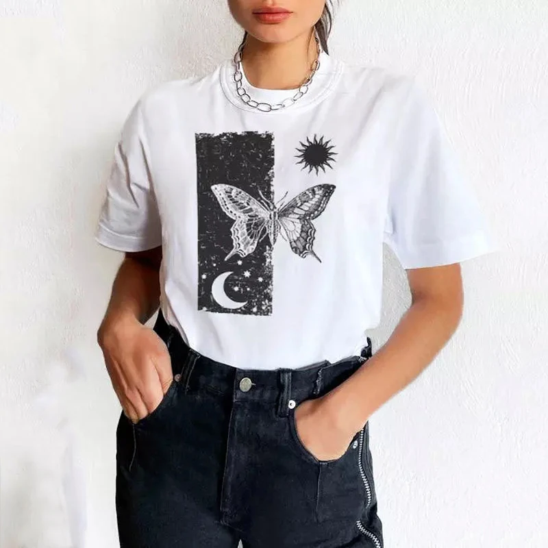 

Fashion Plus Size S-5XL Butterfly Moon Sun Printed Women's Short Sleeve T-shirt Loose Top Casual T-shirt Vestidos Para Mujer
