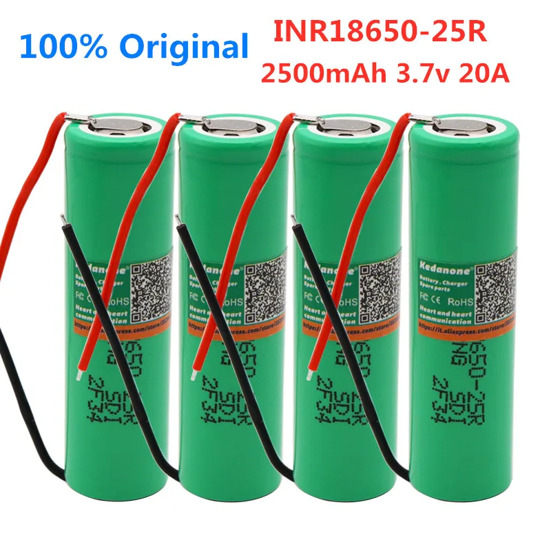 

4pcs 100% Original INR18650-25R 2500mAh Brand For 18650 Li-Ion battery 2500mAh Rechargeable battery 3.6V INR18650 25R+DIY wire