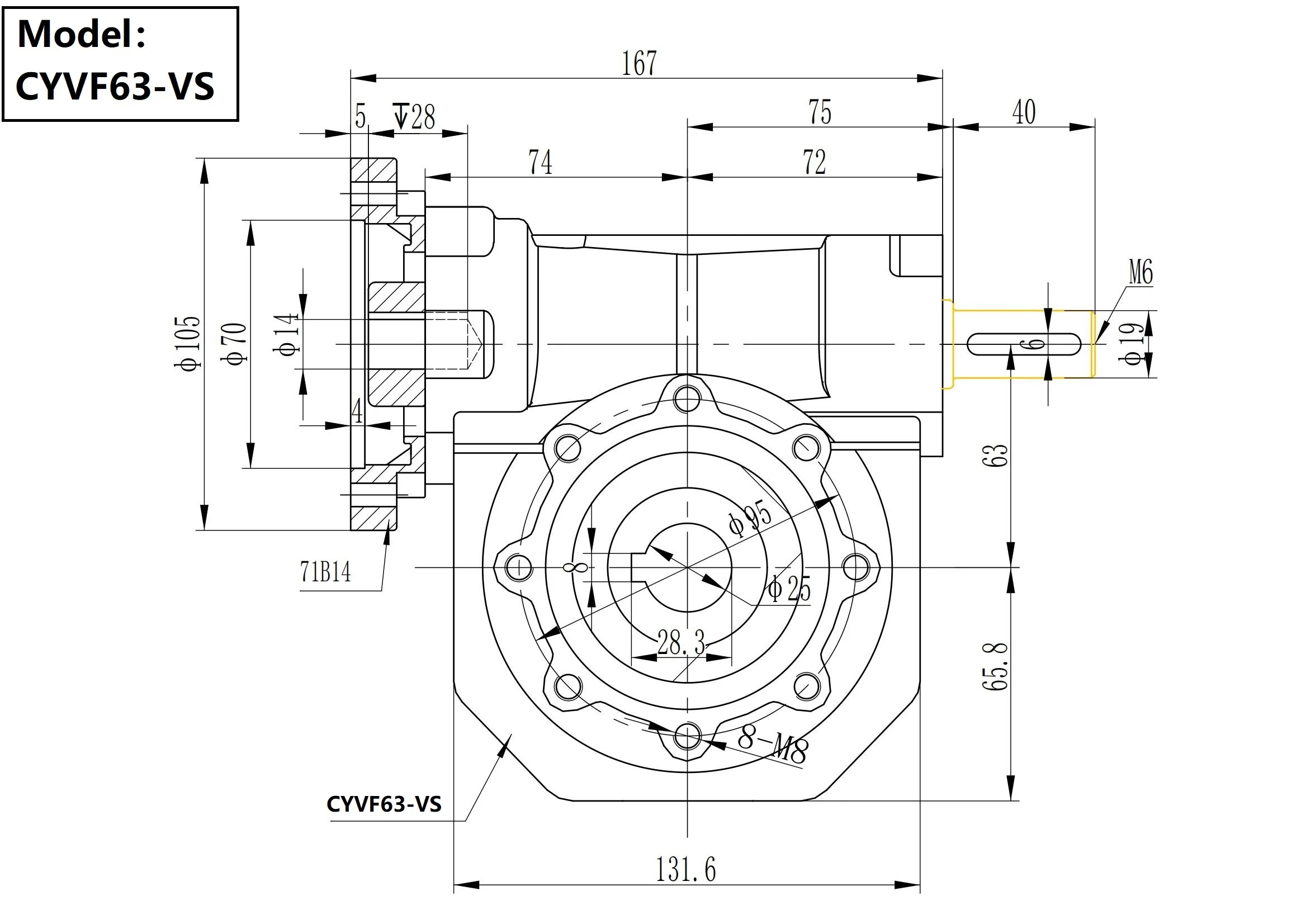 CHENYUE червячная коробка передач CYVF 063-VS вход 14/19/22/24 мм выход 25 соотношение 5:1/100:1 не