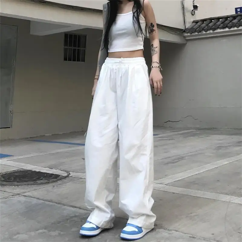 Womens Wild Leg Striaht Pants Casual Elastic Waist White Basic Darwstring loose Trousers 2022 Spring Autumn New Hot