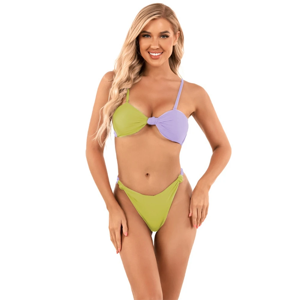 

Colorblock Bikini Swimsuit For Women's Summer Twist Wrap Tie Bikini Set Back Bow Low Waisted Swimwear Two Piece Beachwear