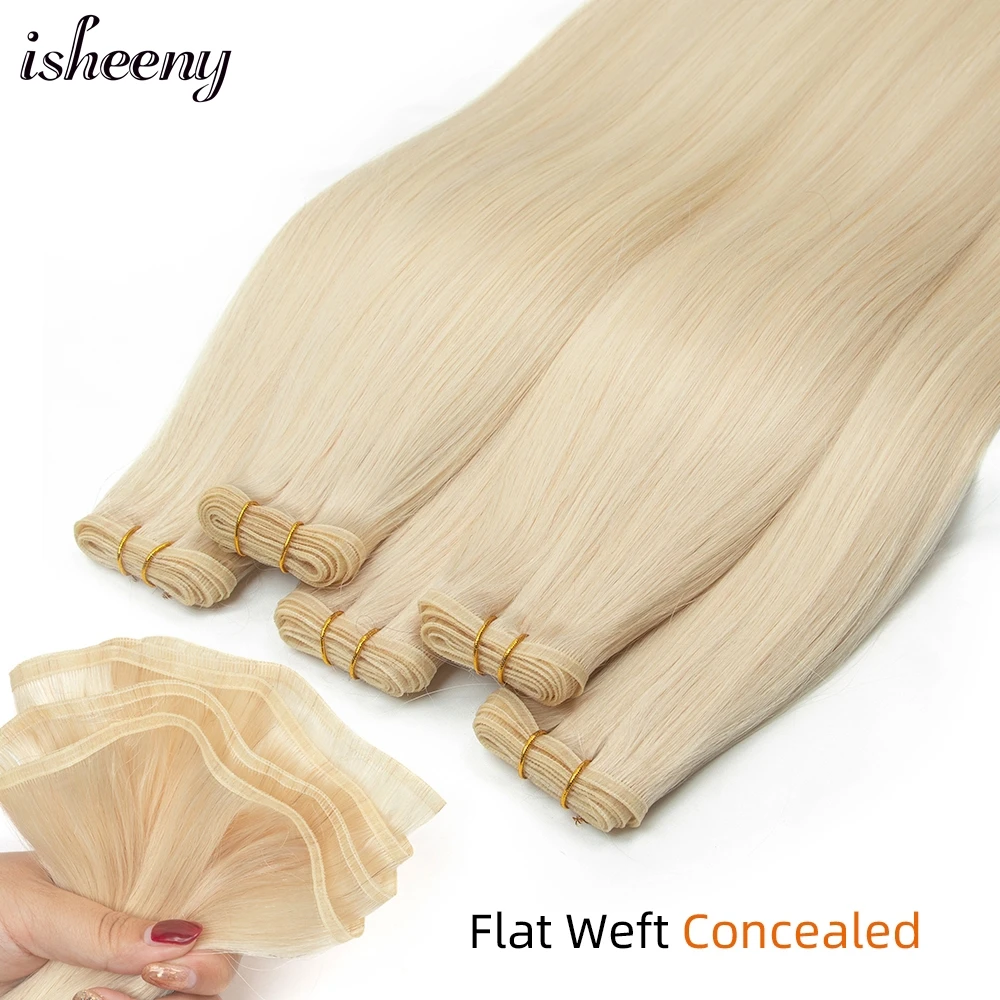 

Isheeny Flat Weft Concealed Hair Extensions 20 inches Blonde Human Hair Weave 50g Straight Bundles No Short Hair On Weft