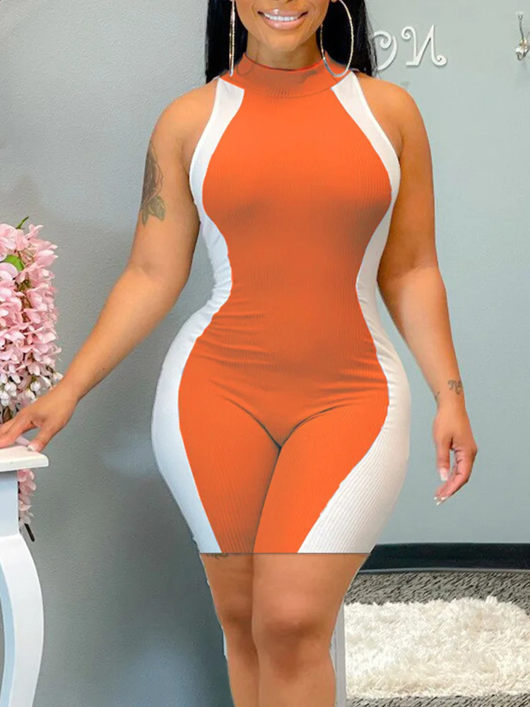 

Colorblock Print Fashion Casual Romper Woman Sleeveless Round Neck Above Knee Straight Slim Playsuit Women