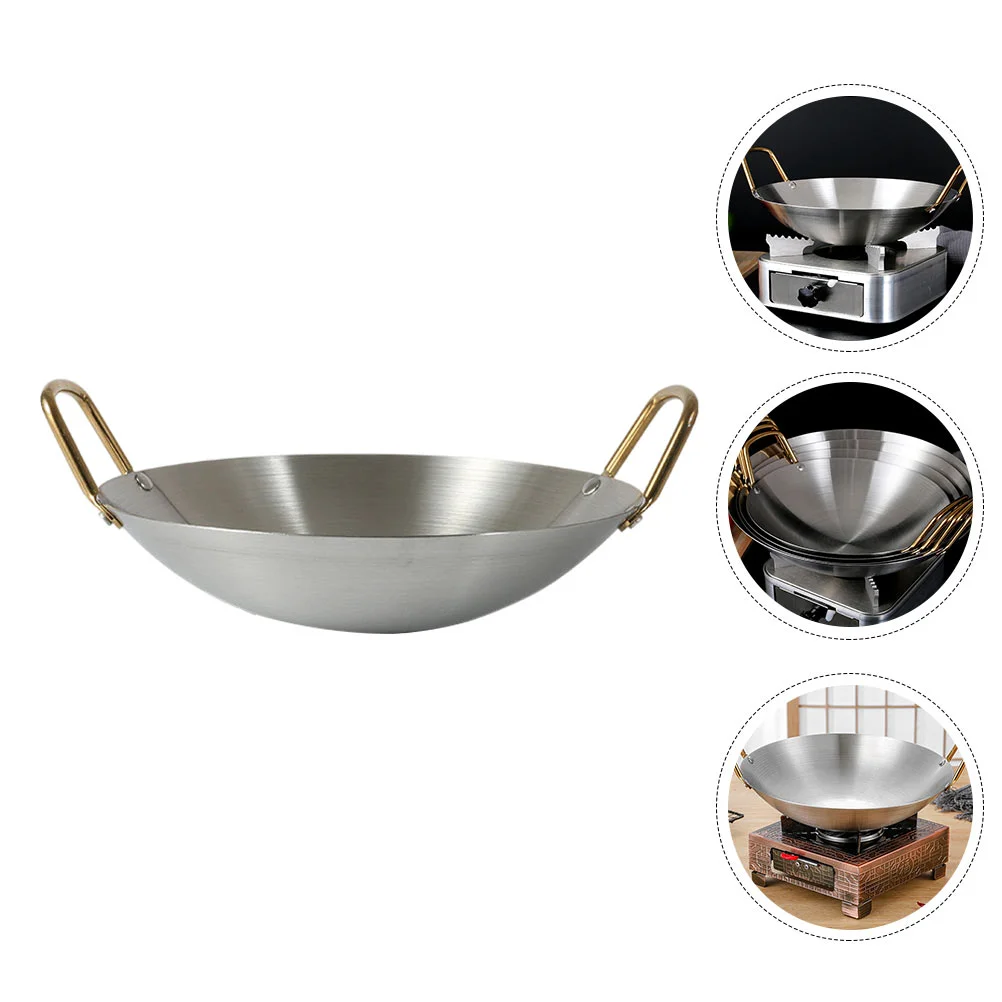 

Pot Wok Pan Steel Frying Stainless Deep Round Fry Cookware Bottom Iron Chinese Stovetop Reheating Large Pans Stir Kitchen Cast