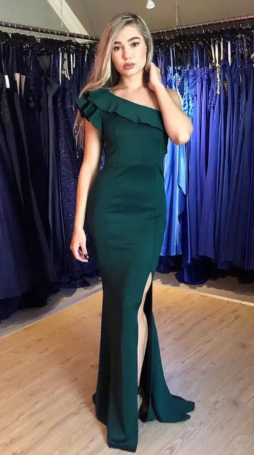 

Dark Green Party Dress One Shoulder Side Split Mermaid Long Dance Dresses