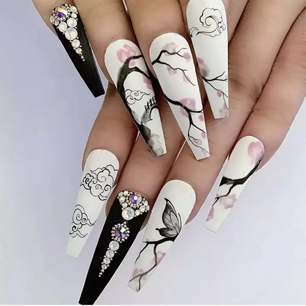 

2022 New False Nails With Designs Chinese Style Ink Painting Diamond Wearable Press On Nails French Temperament Fake Nails Gift