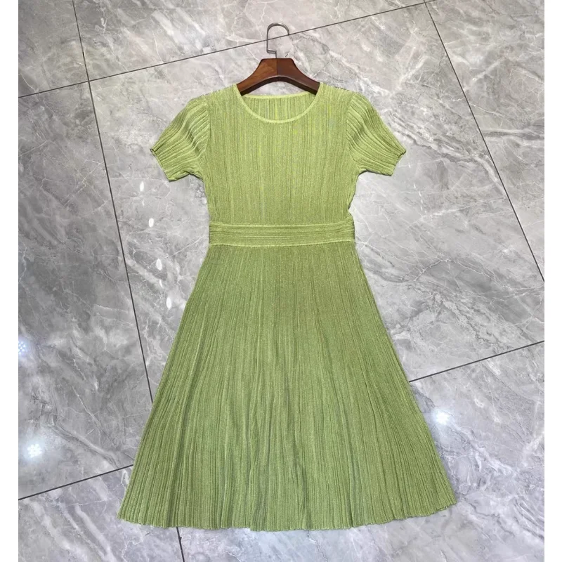 Summer and Autumn New Dresses Women High Quality Temperament Customized Shiny Wire Knit Short-sleeved Skirts Formal Clothing