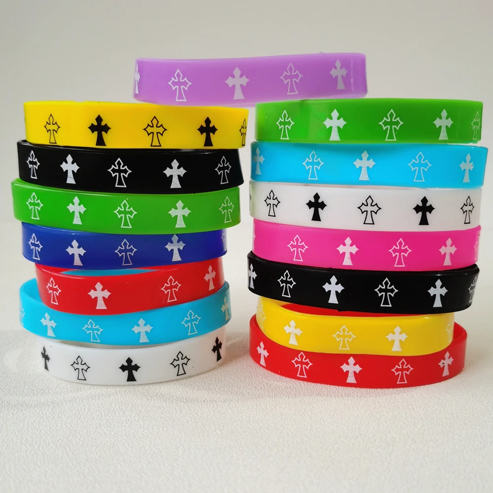 

20PCS New Jesus Cross Silicone Print Wristband Mixed Color Church Pray Christian God Catholic Prayer Bracelets For Men Women