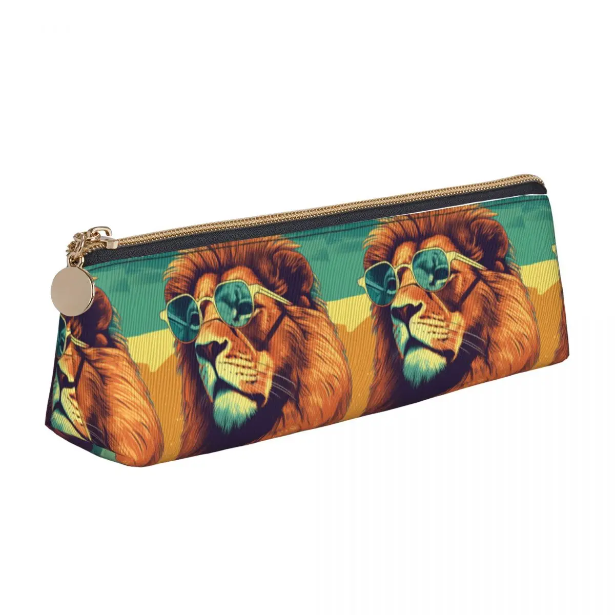 Lion Triangle Pencil Case Sunny Beach Sunglasses Elementary School Large Capacity Zip Pencil Box For Child Cool Leather Pen Bag