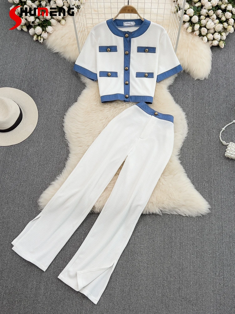 

Fashion Two-Piece Suit Women's Temperament Crew Neck Shirt Single-Breasted Denim Contrast Color Slim-Fit Crop-Top Wide-Leg Pants