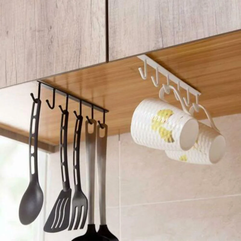 

Under-Cabinet Hanger Rack with 6 Hooks Kitchen Cupboard Storage Shelf Hook HY99