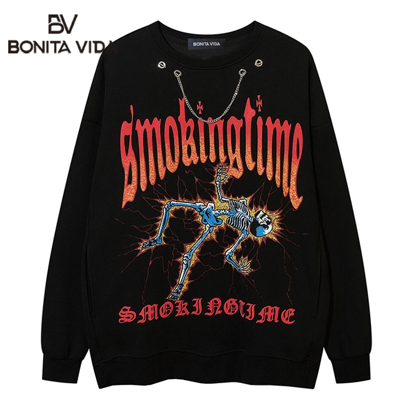 

Necklace Decoration Vintage Hoodie Streetwear Men Hip Hop Skull Print Punk Gothi Sweatshirt Harajuku Casual Pullover Couples