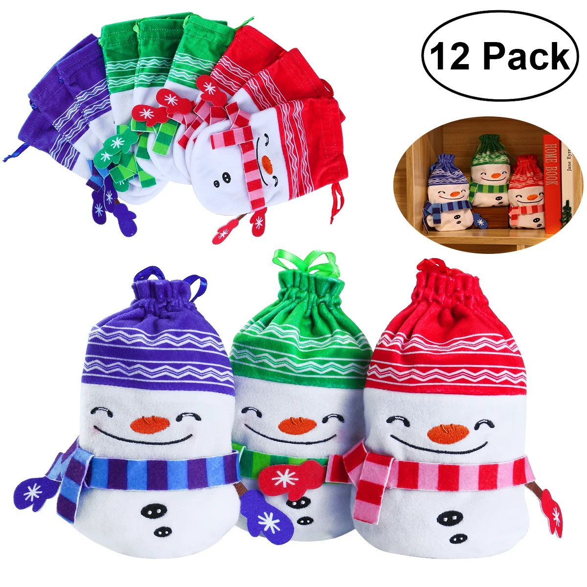 

PBPBOX 12pcs Christmas Plush Drawstring Candy Gift Pouch Christmas Holiday Decorative Supplies 3 Colors