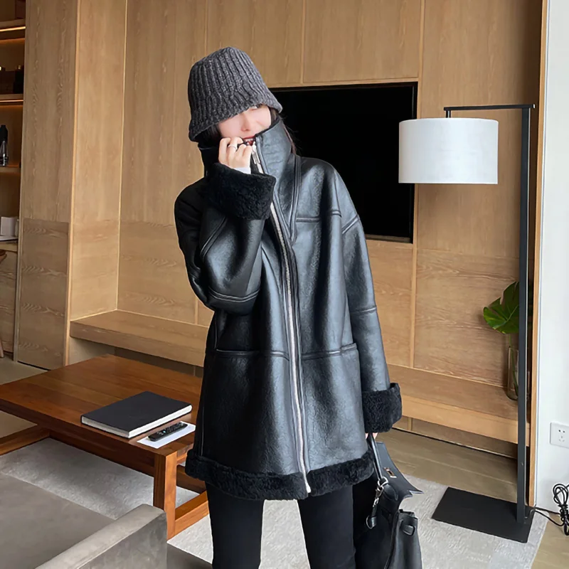 Women Leather Jackets 2022 New Shearing Genuine Sheepskin Leather Coats Solid Simple Fur Lining Winter Warm Overcoat MH5046LB
