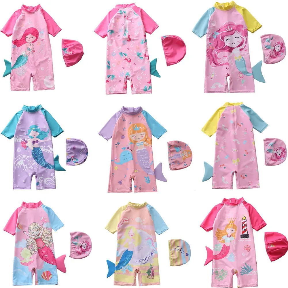 

One-piece Swimsuit Printed Bikini Cute Baby Girls' Swimwear Short Sleeves Infant Swimming Suit UPF50+ Sunsuit For Kids Swimsuit