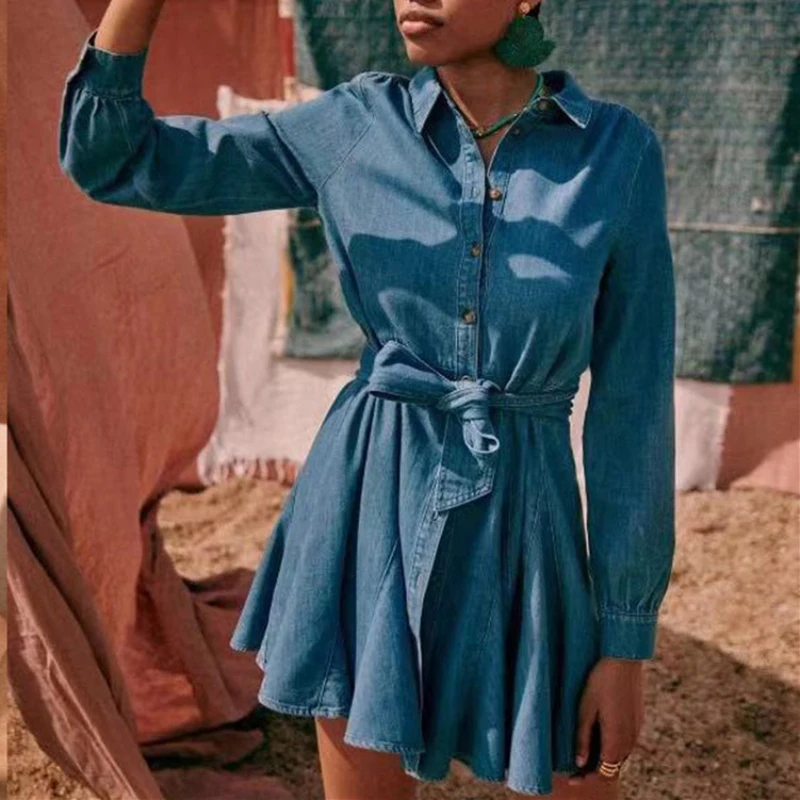 

Women Vintage Denim Mini Dress Turn-down Collar Single Breasted Bow Tie Belt Long Sleeve Female Robe