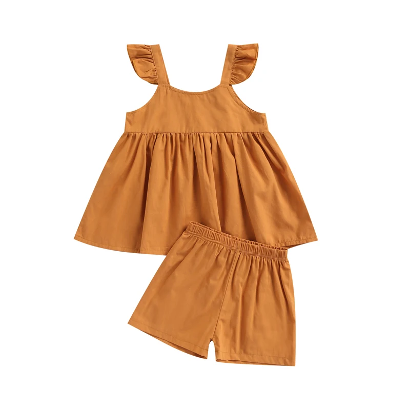 

2Pcs Girls Summer Outfits, Solid Color Frilly Sleeveless Tank Tops + Elastic Waist Shorts for Kids, 18 Months to 6 Years