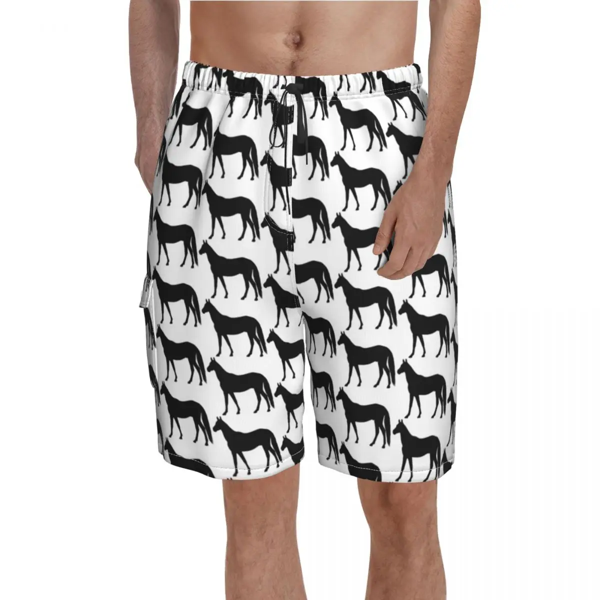 

Horse Pattern Board Shorts Hot Animal Beautiful Black White Horses Printed Beach Shorts Man Elastic Waist Cute Swimming Trunks