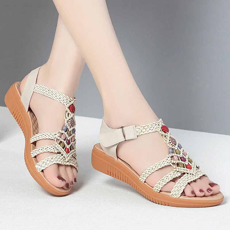 Women's Sandals Large Size2023New Soft Leather Mid Heel Beach Shoes Fashion Wedge Heel Flat Maternity Sandals Women Women Shoes