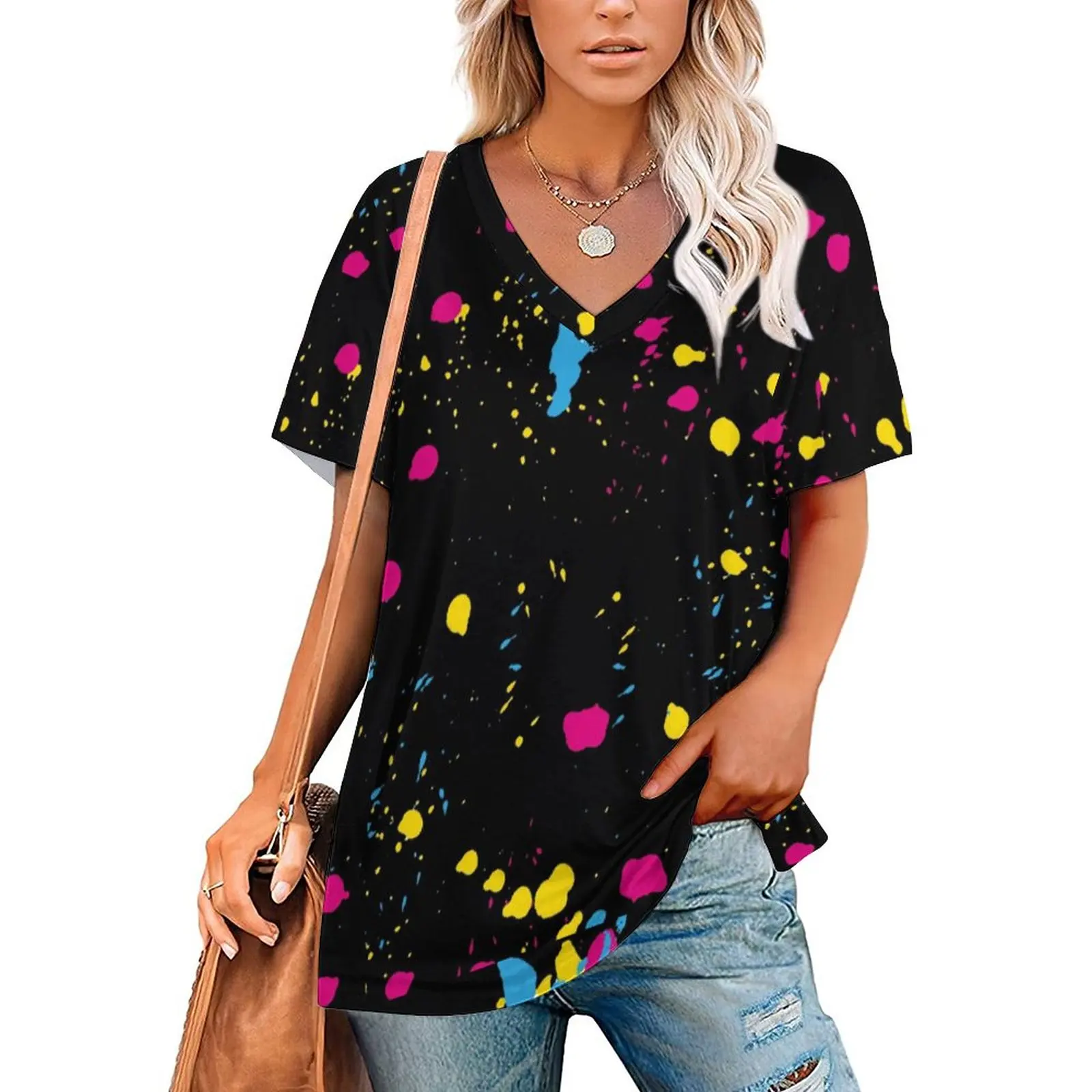 

80S Paint Splash T-Shirt Graffiti Colorful Print Harajuku V Neck T-Shirts Short Sleeve Street Wear Tee Shirt Summer Big Size 4XL