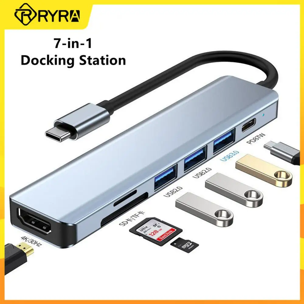 

RYRA 7 In 1 SD TF Card Slot Reader Adapter Type C To HDMI-compatible USB-C PD Charging USB 3.0 Splitter For MacBook Laptop