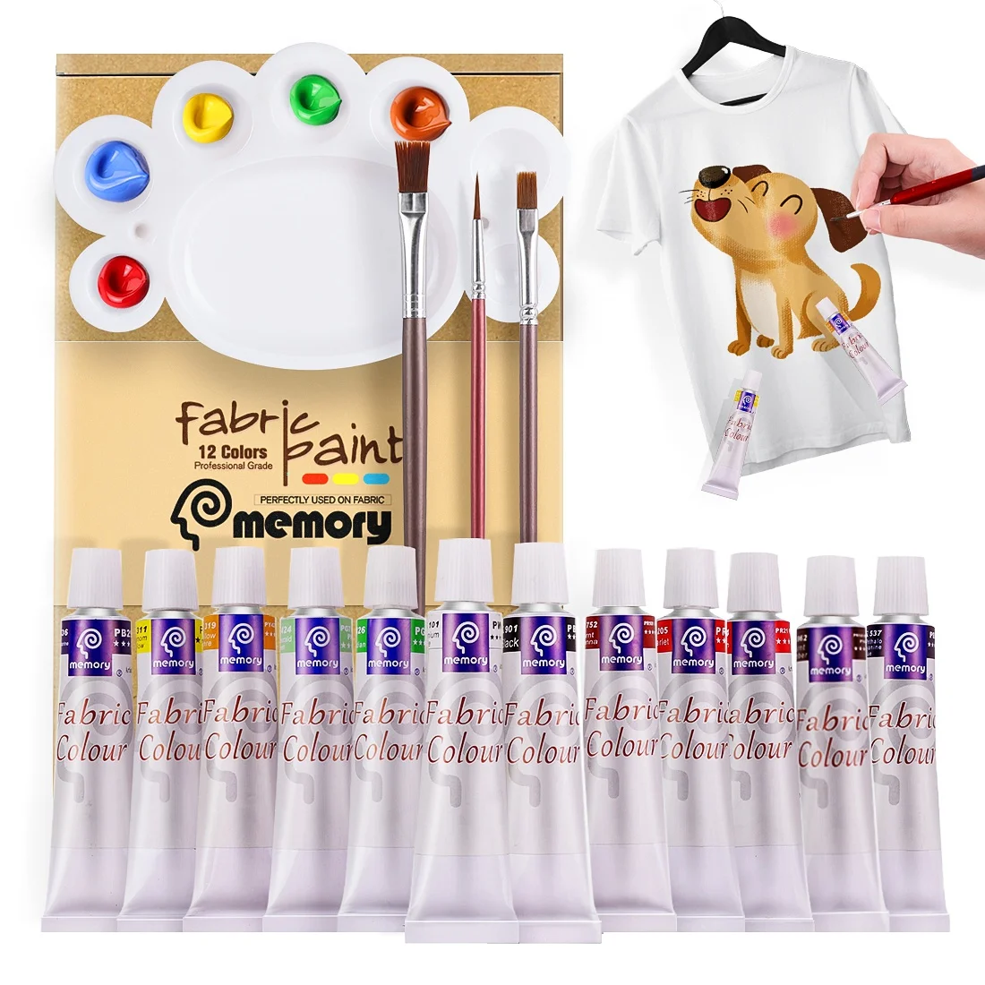 

12 Colors Acrylic Fabric Paints Set Dye for Textile Art Painting Pigments on Clothing - Include 3 Brushes & 1 Palette