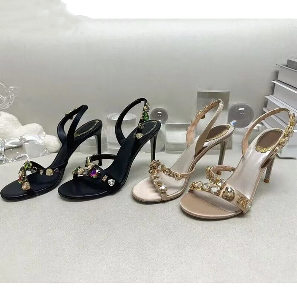 Summer New Women Trend Sandals Colour Jewel Sandale Slip-On Open Toe Stiletto Round Toe Solid Color Fashion Ladies Big Size 45