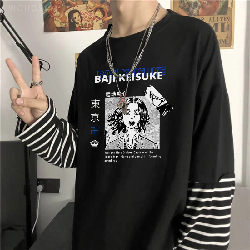 

Японские Аниме Токийский репотенс Baji Keisuke Смешные Мультяшные поддельные футболки из двух частей Harajuku манга модная повседневная мужская жен...