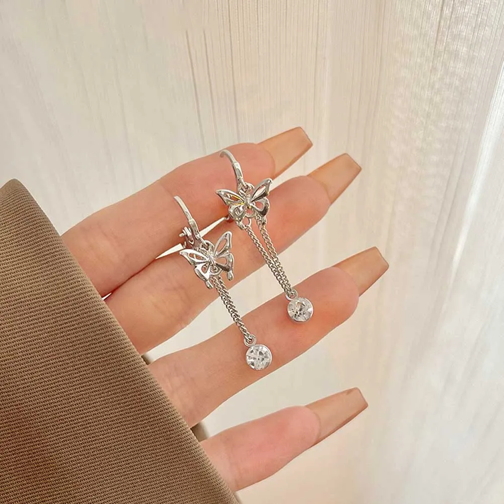 

2022 Fashion New Trendy Butterfly Ear Buckle Flash Zircon Tassel Chain Earrings Super Fairy Silver Color Jewelry Gifts Elegant