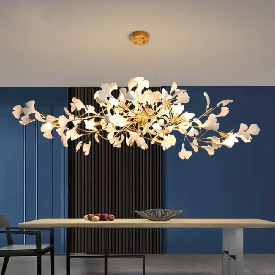 

Modern Ginkgo Branch Leaves Chandelier White Ceramic Chandelier for Living Room Copper Art Villa