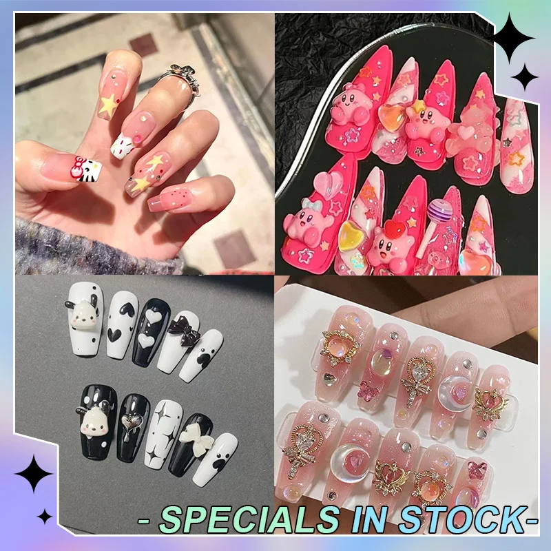 

New 41 Styles Mymelody Kuromi Cinnamoroll Cartoon Doll Handmade 3D Nails Patch Kawaii Manicure Girl Wearable Nails Full Cover