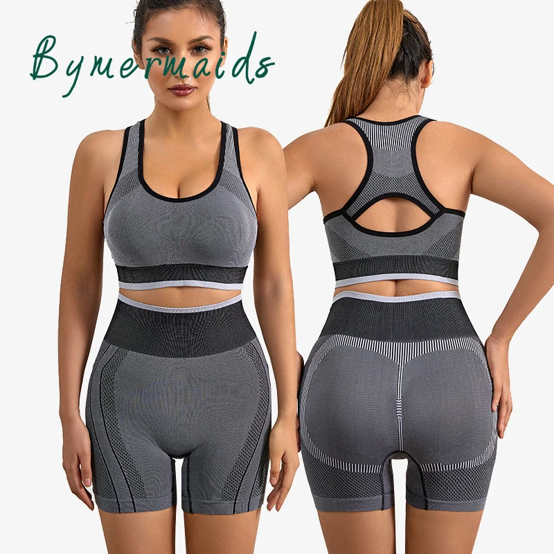 

Bymermaids️ Seamless Backless Sports Bra Set Women's Running Shockproof Underwear Fitness Yoga Top Push Up Shorts 2 Pieces Suit
