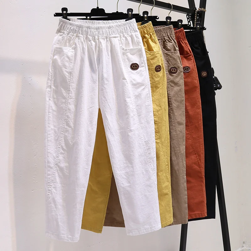 

White Casual Pants Women 2023 Spring Summer Thin Wide Leg Loose High Waist Cotton Linen Cropped Ankle-Tied Harem Pants Woman
