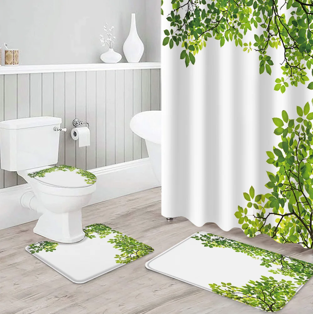 

Green Branches Plant Leaves Shower Curtain Set Carpet Cover Toilet Cover Bathroom Mat Bathroom Household