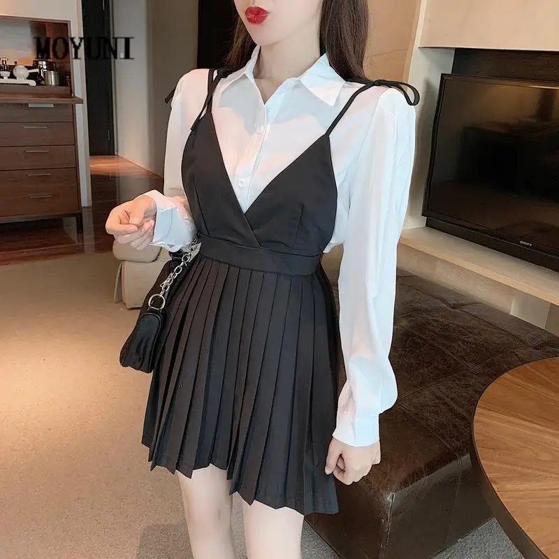 

Fashion Casual Long Sleeve Lapel White Shirts Women Top Sexy Spaghetti Strap Black Pleated Dress Mini Wild OL Autumn Clothes