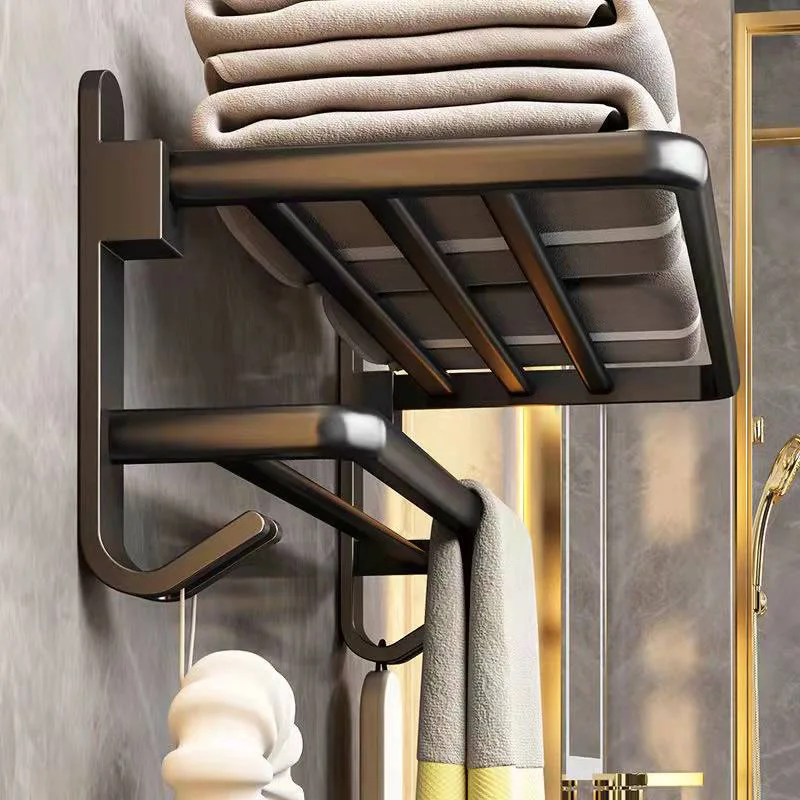 

Towel Rack 40-60 CM Folding Holder With Hook Bathroom Accessories Wall Mount Rail Shower Hanger Aluminum Bar Matte Black Shelf