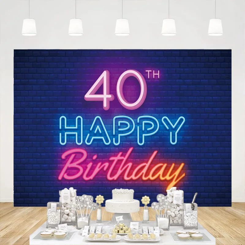 

Glow Neon Lights Happy 40th Birthday Backdrop Banner Black Colorful Photo Background Party Decoration for Men Women Booth Props