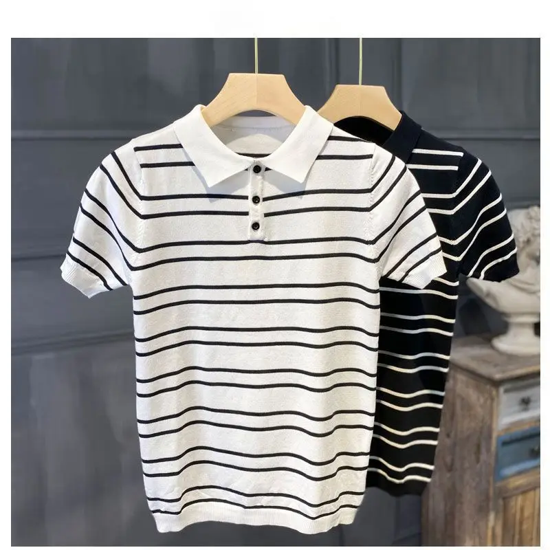 

Мужская трикотажная рубашка-поло, повседневная приталенная рубашка-поло в полоску с короткими рукавами, модель D95 на лето, 2023