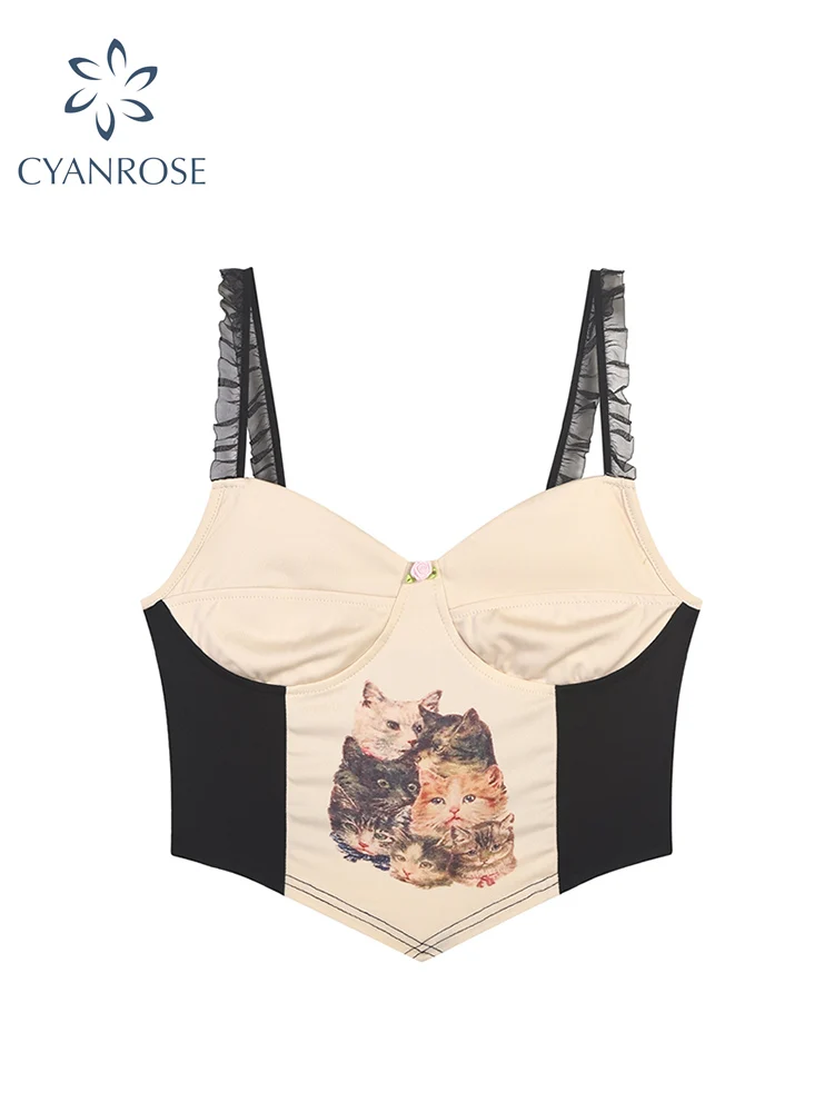 

Майка женская с принтом кошки, пикантный модный винтажный укороченный топ без рукавов, Облегающая рубашка с открытой спиной, Y2K, лето 2022