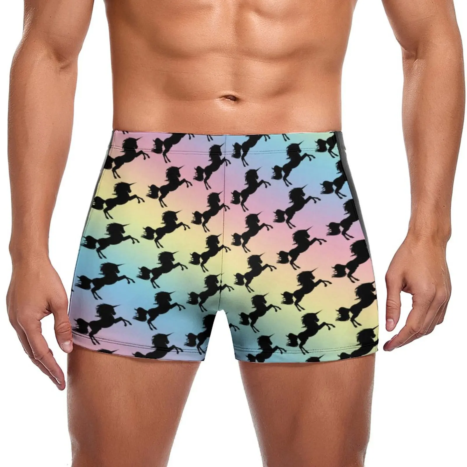 

Black Unicorn Silhouette Swimming Trunks Pastel Rainbow Print Training Large Size Swim Shorts Print Stay-in-Shape Male Briefs