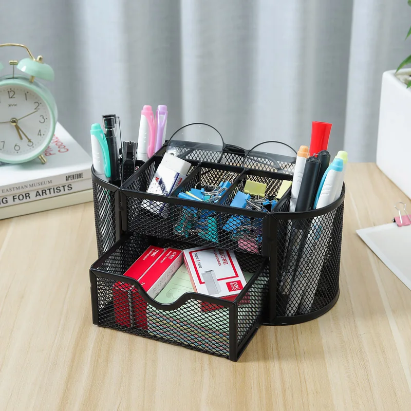 

Multifunctional 9 Grids Metal Mesh Container Organizer Storage Box Large Capacity Desktop Pen Holder Clips Box School Office