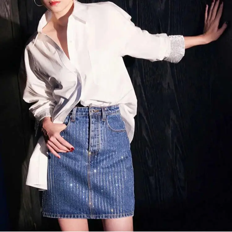 New A-line Women's Denim Mini Skirt Hot Diamond Rhinestone Hip Package Short Skirts for Female Elegant Clothes Spring 2023
