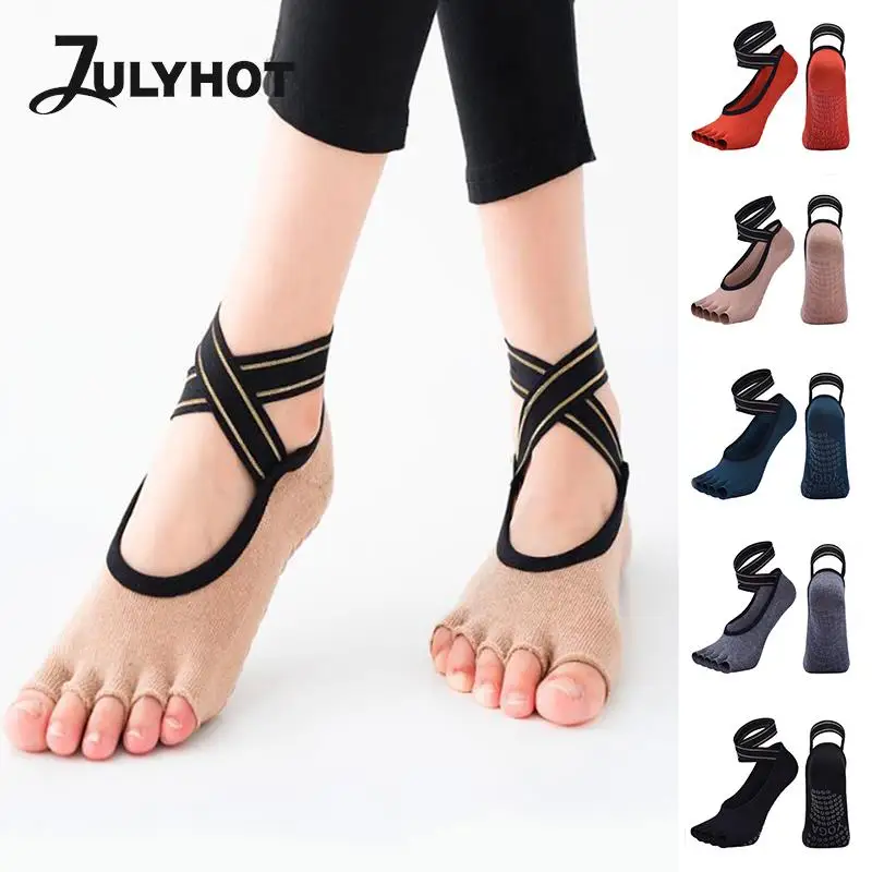 

1 Pair Yoga Socks Anti-slip Five Finger Backless Cross Bandage Silicone Non-slip Toeles