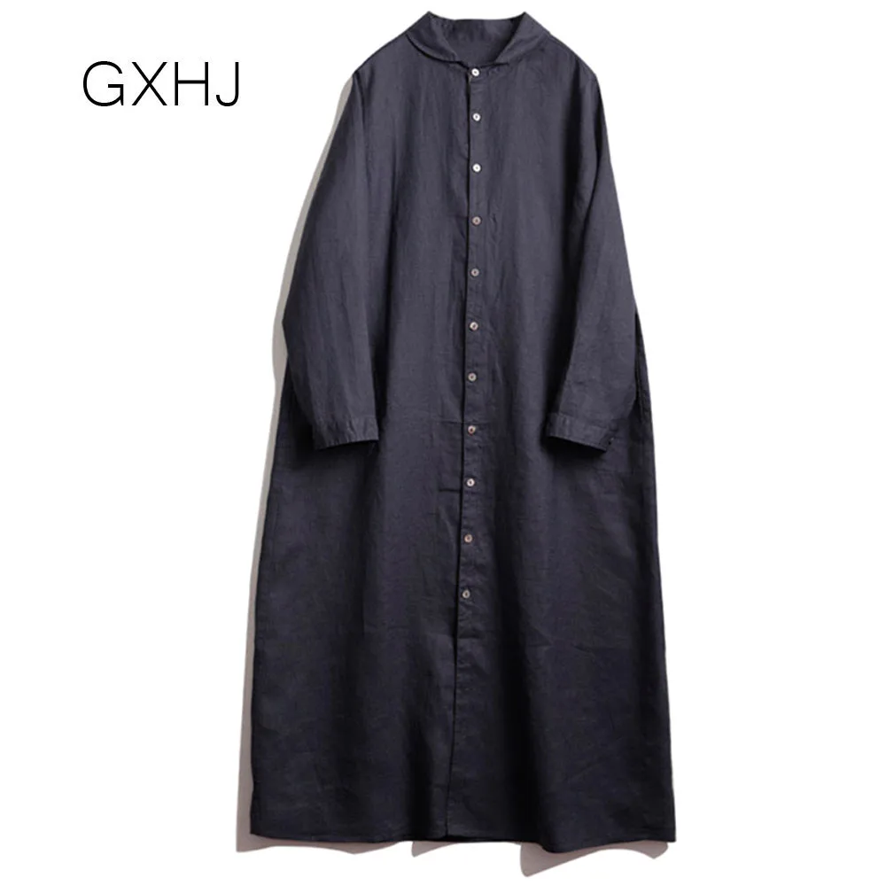

Женское платье-блузка GXHJ, винтажное платье-рубашка, повседневное однотонное платье с отложным воротником, 2022