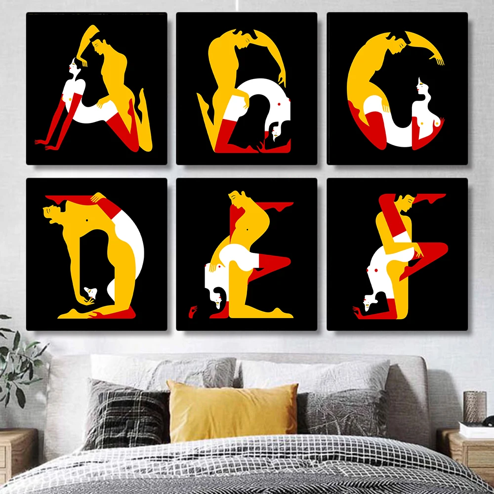 

26 букв, сексуальное эротическое искусство, сексуальные обнаженные влюбленные, холст, абстрактная картина, скандинавский постер и печать, на...